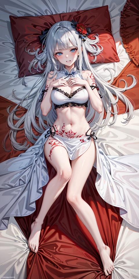  masterpiece,ultra detail,cinematic lighting,(1girl),(full body:1.15),(long silver hair),(white chinese dress),(glowing_eye),(blue eyes),(tsurime),(swept bangs:1.2),(blunt bangs),bangs,bishoujo,whitehair,thigh,barefoot,
light purple hair,long hair,(messy hair:1.4),yellow eyes,(heavy breathing:1.2),from above,glaring,(clenched teeth:1.2),(embarrassed:1.1),lying on bed,tattoo,stomach tattoo, Ylvi-Tattoos,red theme