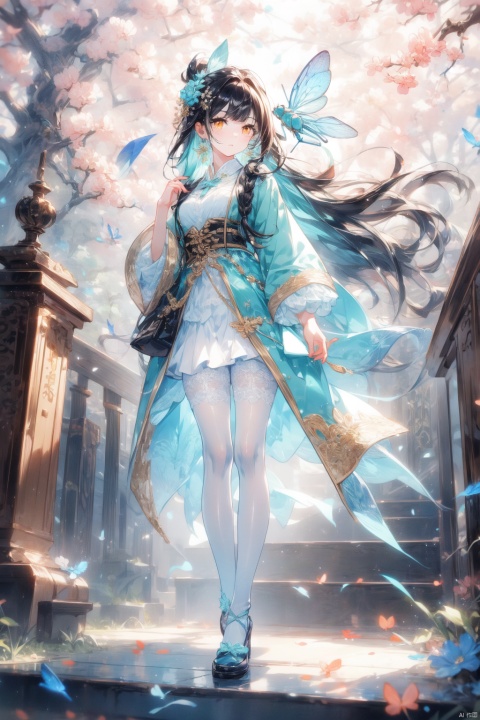  1girl,mint hair,orange eyes,clover hair ornament,long hair,disheveled hair,messy hair,plum blossoms,blue pajamas,branch,dragonfly,full body,mismatched legwear, white legwear, black legwear,pantyhose, xinniang, backlight, black pantyhose, white pantyhose, vibrantProj, cute girl, Flower Tunnel