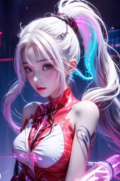  1girl,Long hair, (glowing:1.5),ponytail,fire, white hair,Off Shoulder,neon lamp, xiaowu, 1 girl, tattoo,Chest tattoo