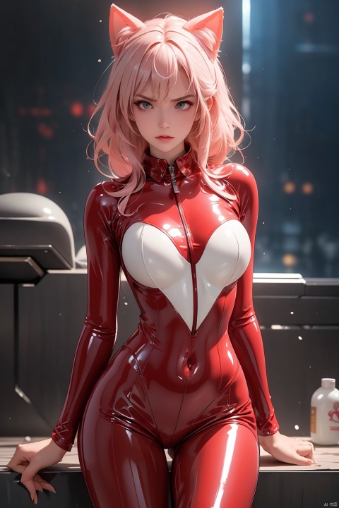  (RAW photo: 1.2), pink latex jumpsuit, hollow, Holt collar, latex shiny, tight, sweat, white liquid, pink body, wearing Kudo Atsuko latex costume, wearing tight suit, smooth pink white skin, cat suit, wearing latex, shiny plastic, shiny metallic luster skin, pink glowing color, latex costume, chrome-plated bodysuit, cyberpunk glossy latex suit, shiny, futuristic bright latex suit with open legs, M-shaped legs, angry expression, sullen and sullen, white liquid all over the body, tattoo,stomach tattoo