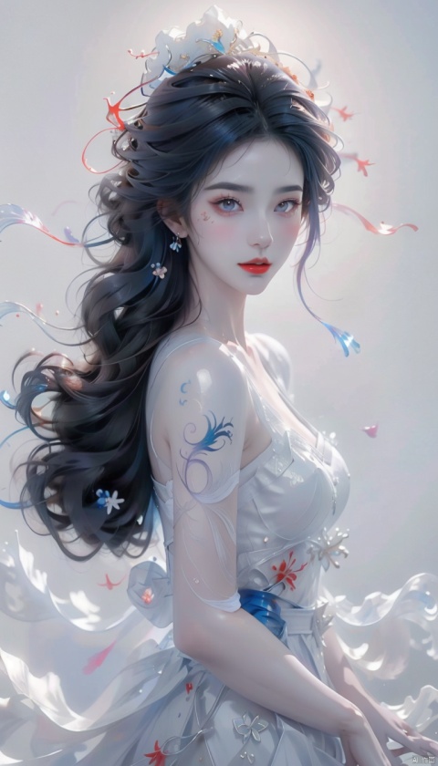  A girl, bust, delicate makeup, Half-length photo,Face close-ups, colorful hair,Red lips, delicate eye makeup,colorful hair,purple eyes, blue hair,fair skin, blisters, glowing jellyfish,(white background:1.4), fantasy style, beautiful illustration, White shiny clothes,complex composition, floating long hair, seven colors,Keywords delicate skin, luster, liquid explosion, Elegant clothes, Glowing shells,glowing seabed,streamer,1girl,smoke,colorfulveil,colorful,Shifengji,
( Best Quality: 1.2 ), ( Ultra HD: 1.2 ), ( Ultra-High Resolution: 1.2 ), ( CG Rendering: 1.2 ), Wallpaper, Masterpiece, ( 36K HD: 1.2 ), ( Extra Detail: 1.1 ), Ultra Realistic, ( Detail Realistic Skin Texture: 1.2 ), ( White Skin: 1.2 ), Focus, Realistic Art,fantasy,girl,Big breasts,Facing the camera, wangyushan, glint sparkle, 21yo girl, Nebula, Hanama wine, tutututu, fire, 3D, Ylvi-Tattoos,arm tattoo