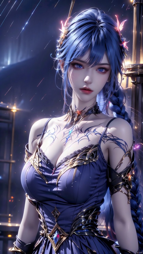  1girl,blue hair, blue eyes, (blue fire,magic),(glowing eyes:1.3), chest,electricity, lightning,blue magic, aura,Close-up,Off Shoulder,Front view, backlight,looking at viewer,braids,very long hair,hair flowe,tarry sky ,water,Rain,night, , babata, cute girl, Ylvi-Tattoos
