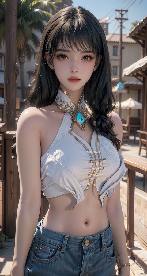  1girl, solo, long hair, breasts, looking at viewer, smile, blonde hair, shirt, navel, bare shoulders, brown eyes, jewelry, medium breasts, closed mouth, standing, collarbone, braid, cowboy shot, earrings, outdoors, day, midriff, pants, necklace, blurry, bracelet, tree, lips, crop top, blurry background, tank top, denim, hair over shoulder, forehead, bubble, jeans, red lips