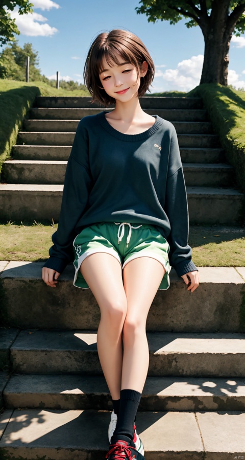 girl, alone, looking at the audience, blushing, smiling, short hair, open mouth, bangs, brown hair, long sleeves, brown eyes, sitting, collarbone, flowers, outdoors, with one eye closed, sky, shoes, shorts, daytime, socks, clouds, raised hands, sweater, tree, blue sky, sleeve over wrist, knee shoes, shorts, arm support, leaves, brown shoes, sunlight, d, grass, animal patterns, black socks, casual shoes, construction, knee up, stairs, railings, green shorts, sitting on stairs, stone stairs