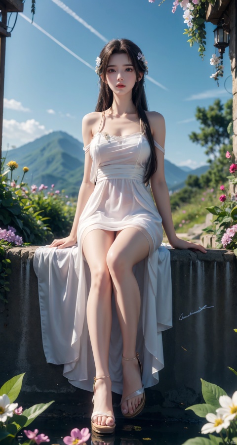  best quality, masterpiece, illustration, (reflection light), incredibly absurdres, ((Movie Poster), (signature:1.3), (English text), 1girl, girl middle of flower, pure sky,clear sky, outside, collarbone, sitting, absurdly long hair, clear boundaries of the cloth, white dress, fantastic scenery, ground of flowers, thousand of flowers, colorful flowers, flowers around her, various flowers,bare shoulders,skirt, sandals,