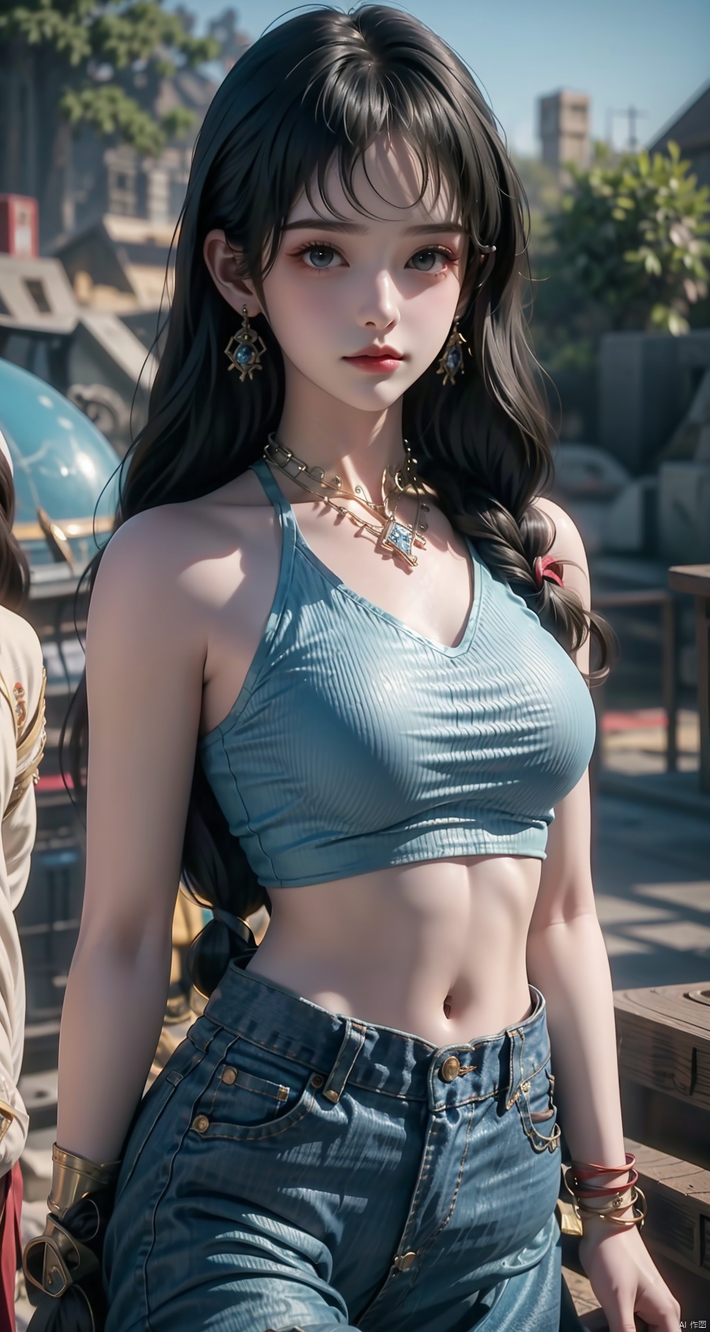 1girl, solo, long hair, breasts, looking at viewer, smile, blonde hair, shirt, navel,  bare shoulders, brown eyes, jewelry, medium breasts, closed mouth, standing, collarbone, braid, cowboy shot, earrings, outdoors, day, midriff, pants, necklace, blurry, bracelet, tree, lips, crop top, blurry background, **** top, denim, hair over shoulder, forehead, bubble, jeans, red lips