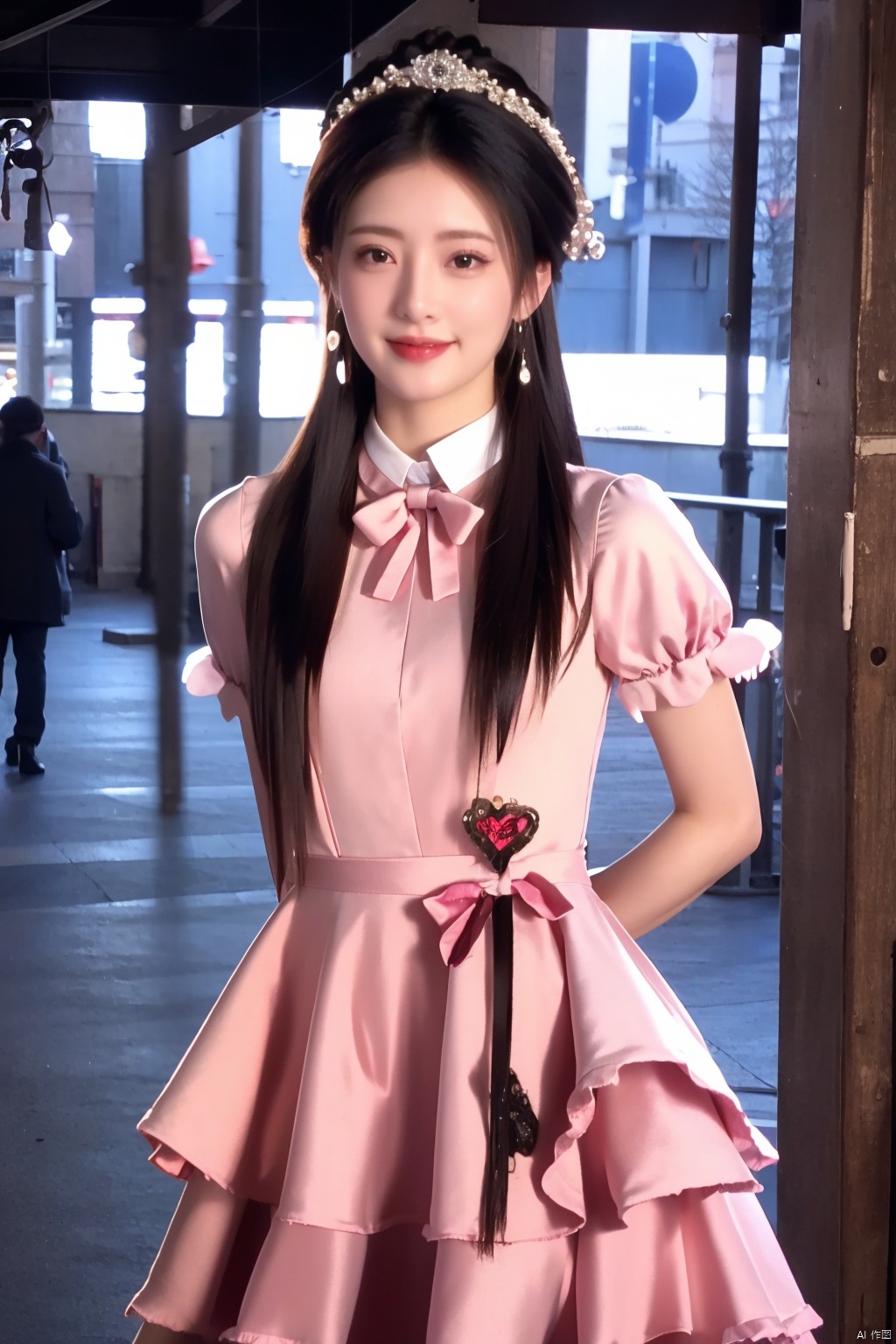 best quality, masterpiece, 1girl, solo, smile, black hair, long hair, standing, cowboy shot, cyb dress, dress, pink dress, layered dress, frilled dress, short sleeves, ribbon, bowtie, frills, bow, dress bow, heart symbol, hair bow, hair ornament, night, light, neon light, amusement park, people, detailed background, , 
