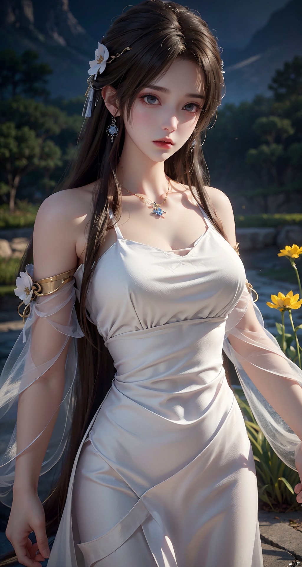  DaoTeGC,white dress,Epic CG masterpiece,hdr,dtm,8K,ultra detailed graphic tension,dynamic poses,stunning colors,3D rendering,surrealism,cinematic lighting effects,realism,00 renderer,super realistic,super vista,HD,DaoTeGC,jewelry,flower,detached sleeves,floating hair,white dress, Hanama wine, midjourney, BJ_Violent_graffiti, yunqing, 30710