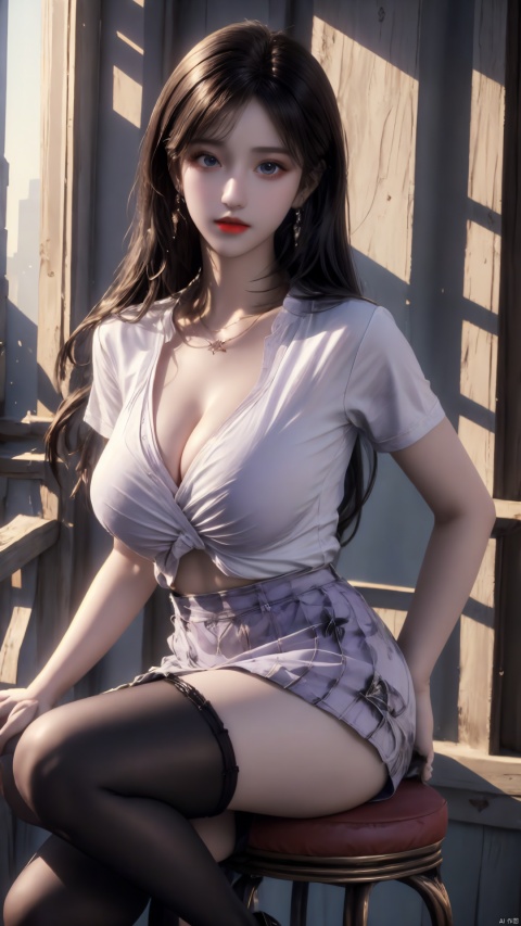 girl, single, long hair, looking at audience, skirt, brown hair, shirt, black hair, brown eyes, sitting, mouth closed, standing, collarbone, full body, white shirt, short sleeve, pantyhose, outdoors, sky, day, miniskirt, black skirt, nail polish, black shoes, blur, high heels, lips, tilted head, blurred background, arm support, pencil skirt, realistic, railing, red lips, peeping abdomen, DSLR, (good construction), ((Midnight, Acura, 8K, Masterpiece: 1.3)), outdoors, full body, long legs, Focalors: 1. 2, perfect body beauty: 1. 4, slender abdomen: 1. 1,,, (Light purple tight T-shirt, short skirt, sitting on stool: 1.2) the (City, Roof 1. 3)), highly fine facial and skin texture, fine eyes, black pantyhose, polka shirt, printed pants, diamond pants, girls, high heels, thighs, details