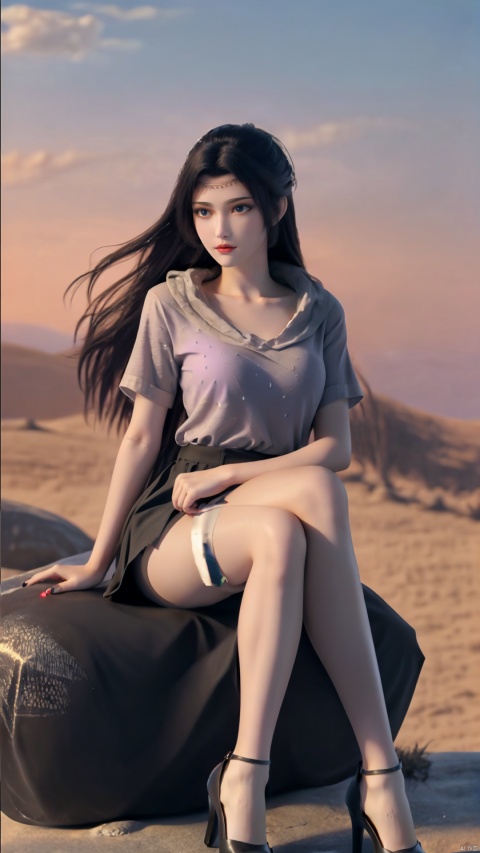  girl, single, long hair, looking at audience, skirt, brown hair, shirt, black hair, brown eyes, sitting, mouth closed, collarbone, full body, white shirt, short sleeve, pantyhose, outdoors, sky, day, miniskirt, black skirt, nail polish, black shoes, blur, high heels, lips, tilted head, blurred background, arm support, railing, red lips, peeping abdomen, DSLR, (good construction), ((Midnight,8K, Masterpiece: 1.3)), outdoors, full body, long legs, Focalors: 1. 2, perfect body beauty: 1. 4, slender abdomen: 1. 1,(Light purple tight T-shirt, short skirt, Sit on a rock: 1.2) the highly fine facial and skin texture, fine eyes, polka shirt,diamond pants, girls, high heels, toe nails,toeless shoes, thighs, details,Bare thighs, sexy thighs, proportional thighs,Sexy sitting posture, enchanting sitting posture,Leg focus, highlight long legs,Highlight the leg,