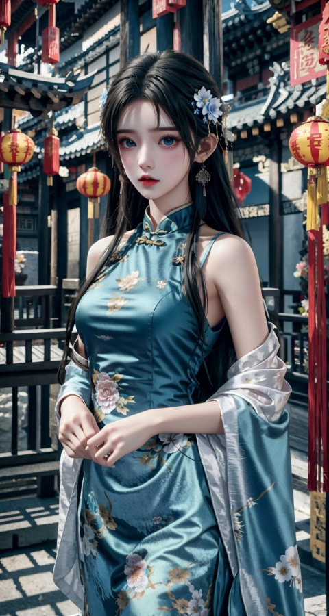  nai3,1girl,white hair,blue eyes,hair flowers,chinese clothes, eastern dragon,chinese new year,lantern, chinese new year
