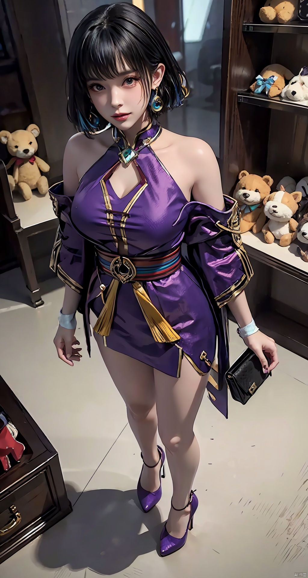 1girl, cheongsam,short hair,earrings, blurred background, lighting,full body shot,stand,(high heels), masterpiece,best quality,(colorful:1.4),from above,solo,1girl standing in a store with lots of stuffed animals on the shelves and a bag of stuff,black and blue hair color,purple eyes,smiling,depth of field,fisheye lens