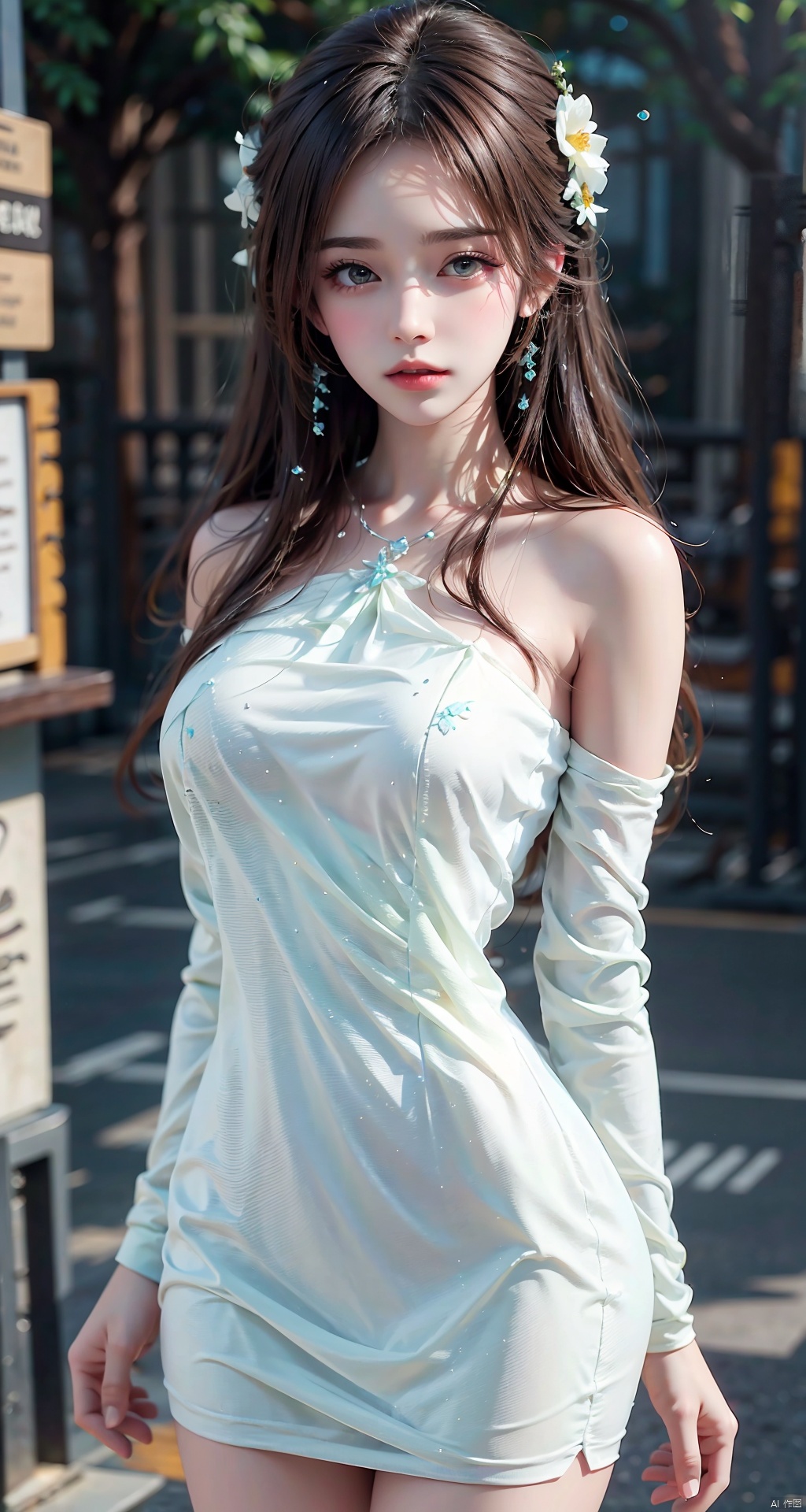  DaoTeGC,white dress,Epic CG masterpiece,hdr,dtm,8K,ultra detailed graphic tension,dynamic poses,stunning colors,3D rendering,surrealism,cinematic lighting effects,realism,00 renderer,super realistic,super vista,HD,DaoTeGC,jewelry,flower,detached sleeves,floating hair,white dress, Hanama wine, midjourney, BJ_Violent_graffiti, yunqing, 30710