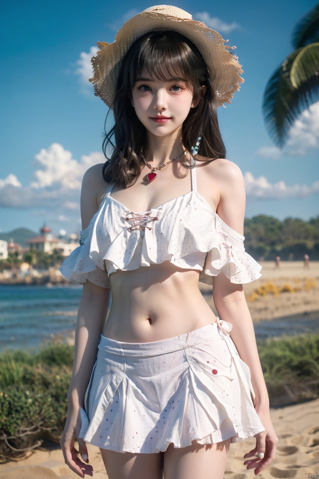  1girl, outdoors, solo, swimsuit, hat, bikini, navel, beach, food, frills, ice cream, holding, long hair, blue eyes, frilled bikini, looking at viewer, day, necklace, white bikini, stomach, :3, ocean, bare shoulders, sunlight, standing, jewelry, cowboy shot, sun hat, sky, bangs, collarbone, smile, polka dot, closed mouth, heart, bare arms, water, bikini skirt, cloud, blush, straw hat, see-through, blue sky, ice cream cone, thighs, holding food, sand