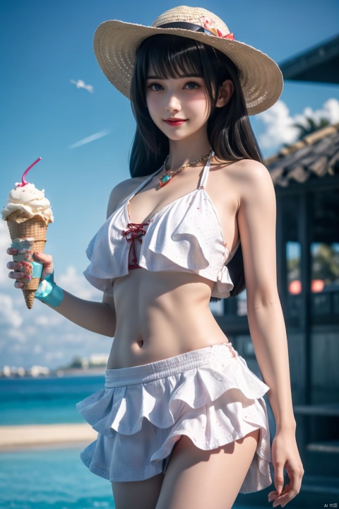  1girl, outdoors, solo, swimsuit, hat, bikini, navel, beach, food, frills, ice cream, holding, long hair, blue eyes, frilled bikini, looking at viewer, day, necklace, white bikini, stomach, :3, ocean, bare shoulders, sunlight, standing, jewelry, cowboy shot, sun hat, sky, bangs, collarbone, smile, polka dot, closed mouth, heart, bare arms, water, bikini skirt, cloud, blush, straw hat, see-through, blue sky, ice cream cone, thighs, holding food, sand