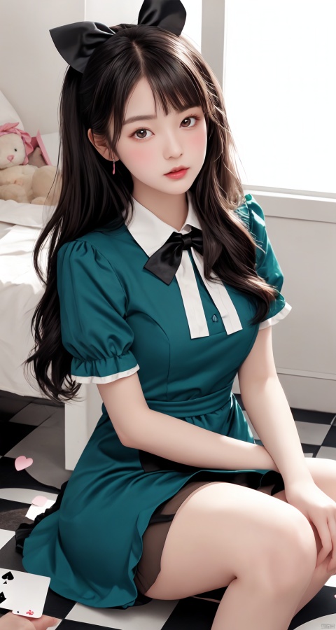  masterpiece, best quality, 1girl, long hair, green eyes, checkered floor, stuffed toy, stuffed animal, solo, dress, black hair, bow, hair bow, playing card, card, stuffed bunny, petals, looking at viewer, blush, wrist cuffs, blue dress, apron, short sleeves, heart, frills, sitting, bangs