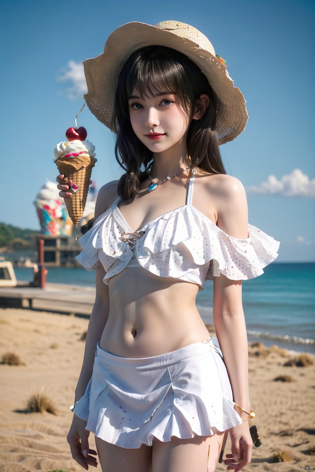  1girl, outdoors, solo, swimsuit, hat, bikini, navel, beach, food, frills, ice cream, holding, long hair, blue eyes, frilled bikini, looking at viewer, day, necklace, white bikini, stomach, :3, ocean, bare shoulders, sunlight, standing, jewelry, cowboy shot, sun hat, sky, bangs, collarbone, smile, polka dot, closed mouth, heart, bare arms, water, bikini skirt, cloud, blush, straw hat, see-through, blue sky, ice cream cone, thighs, holding food, sand