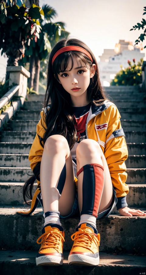  1girl,orange shoes,(solo:1.2),sitting,sky,outdoors,bird,upward view,blue sky,white socks,daytime,orange jacket,building,long sleeves,long hair,stairs,red headband,headband,bangs,cloudy sky,from_below,wide_shot,in (summer:1.2),(against backlight at dusk:1.4)