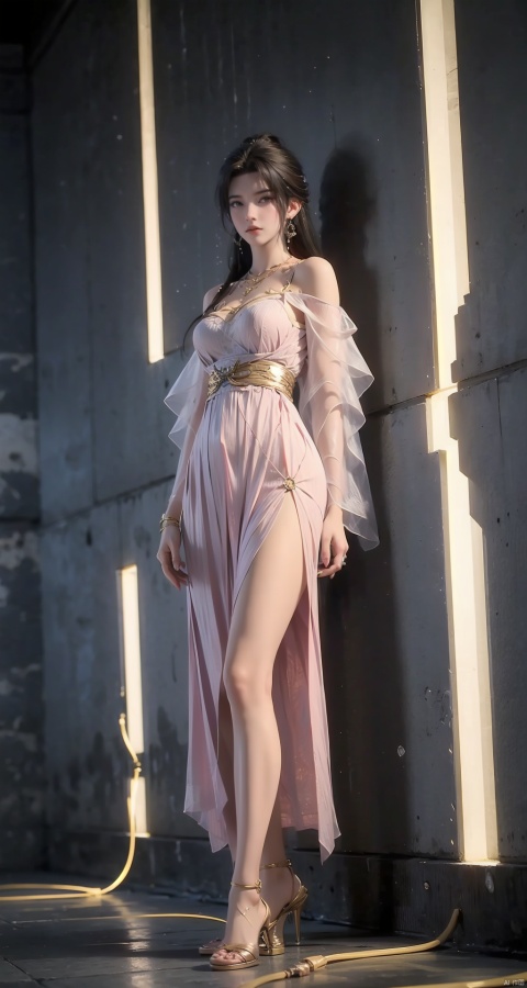  1girl,Bangs, off shoulder, colorful_hair, ((colorful hair)),golden dress, yellow eyes, chest, necklace, pink dress, earrings, floating hair, jewelry, sleeveless, very long hair,Looking at the observer, parted lips, pierced,energy,electricity,magic,tifa,sssr,blonde hair,jujingyi, wangyushan, dofas, 1 girl，(full - body:1.4)，Red foot rope