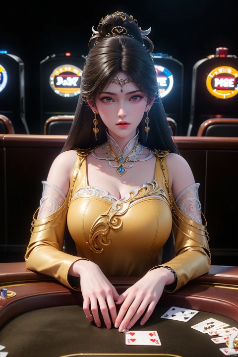  1 Girls in casinos, long hair, Yellow leather, beautiful cleavage, poker, many poker, poker, wide-angle camera, gambling table, lobby, high-quality masterpiece,