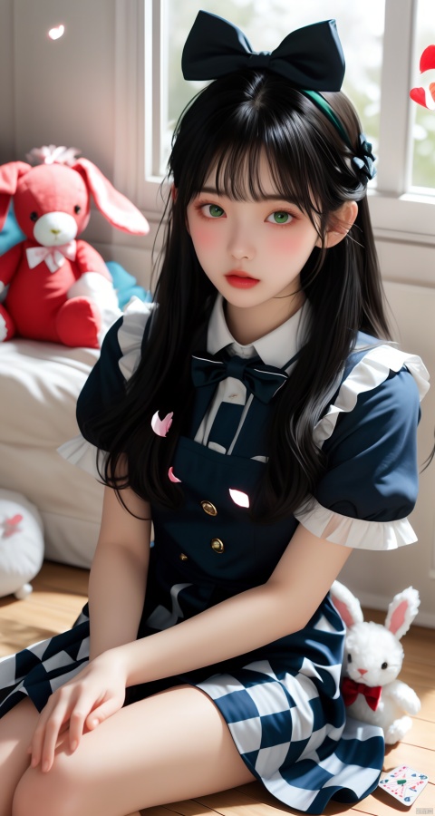  masterpiece, best quality, 1girl, long hair, green eyes, checkered floor, stuffed toy, stuffed animal, solo, dress, black hair, bow, hair bow, playing card, card, stuffed bunny, petals, looking at viewer, blush, wrist cuffs, blue dress, apron, short sleeves, heart, frills, sitting, bangs