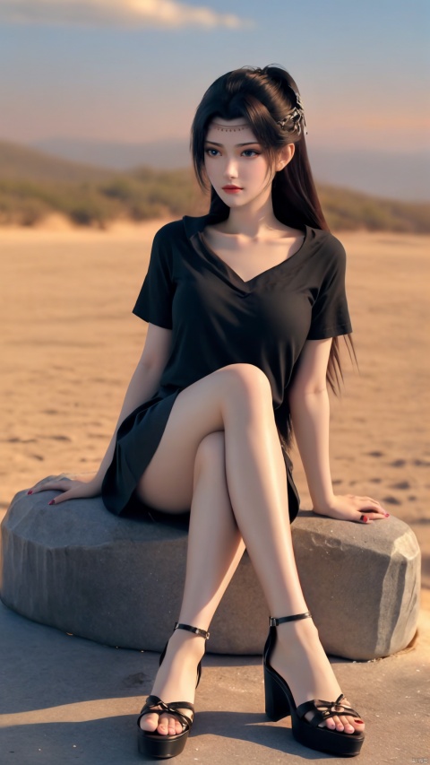  girl, single, long hair, looking at audience, skirt, brown hair, shirt, black hair, Blue eyes, sitting, mouth closed, collarbone, full body, Black shirt, short sleeve, pantyhose, outdoors, sky, day, miniskirt, Black skirt, nail polish, red shoes, blur,lips, blurred background, arm support, railing, red lips, peeping abdomen, DSLR, (good construction), ((Midnight,8K, Masterpiece: 1.3)), outdoors, full body, long legs, Focalors: 1. 2, perfect body beauty: 1. 4, slender abdomen: 1. 1,(Sit on a rock: 1.2) the highly fine facial and skin texture, fine eyes,girls, (((red high heel sandals))),(((toe nails))),(((toeless shoes))), thighs, details,Bare thighs, sexy thighs, proportional thighs,Sexy sitting posture, enchanting sitting posture,Leg focus, highlight long legs,Highlight the leg,(((leg spread))),(((Legs open))),