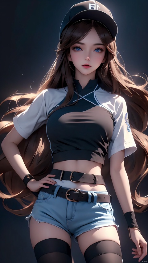  (best quality), ((masterpiece)), (highres), illustration, original, extremely detailed,1girl, solo, hat, shorts, blue eyes, brown hair, whistle, thighhighs, wristband, baseball cap, navel, long hair, midriff, short shorts, belt, shirt, hand on hip, lips, white shorts, black background, blue thighhighs, looking at viewer, tied shirt,black background,  Pure black background, color code FFFF, dark dark background