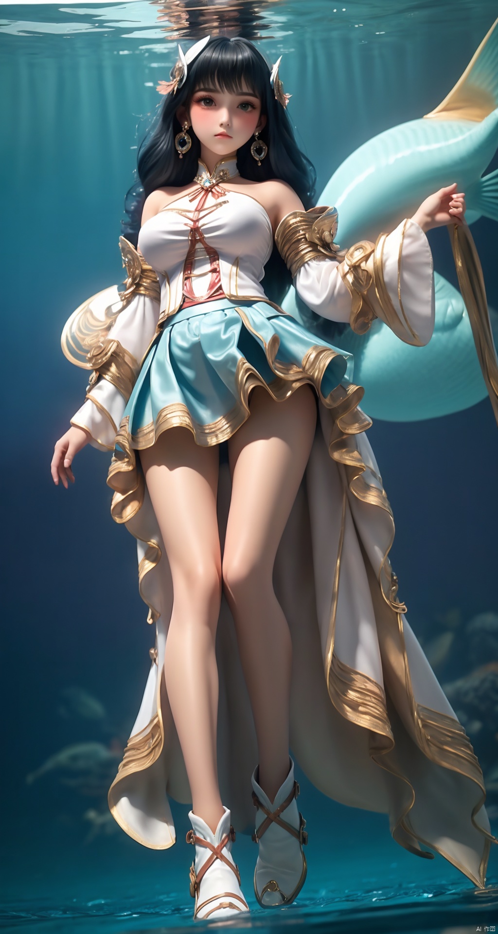  (1girl),smooth chin,masterpiece,detailed face,((hair ornament)),top quality,4k,make up,best quality,alone,single,solo,only one,one character,blush,(body blush),(detached sleeves),earrings,(blue hair),under water,(head fins),long hair,(from below),ocean,(puffy hair:1.13),frilled skirt,frilled clothes,model,looking at viewer,Cute Women,frilled shirt,bubble skirt,green skirt,full body,(detached shirt),bandeau,blue skirt,Masterpiece, the best quality,(The best hand)