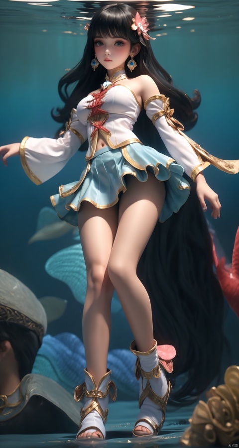  (1girl),smooth chin,masterpiece,detailed face,((hair ornament)),top quality,4k,make up,best quality,alone,single,solo,only one,one character,blush,(body blush),(detached sleeves),earrings,(blue hair),under water,(head fins),long hair,(from below),ocean,(puffy hair:1.13),frilled skirt,frilled clothes,model,looking at viewer,Cute Women,frilled shirt,bubble skirt,green skirt,full body,(detached shirt),bandeau,blue skirt,Masterpiece, the best quality,(The best hand)
