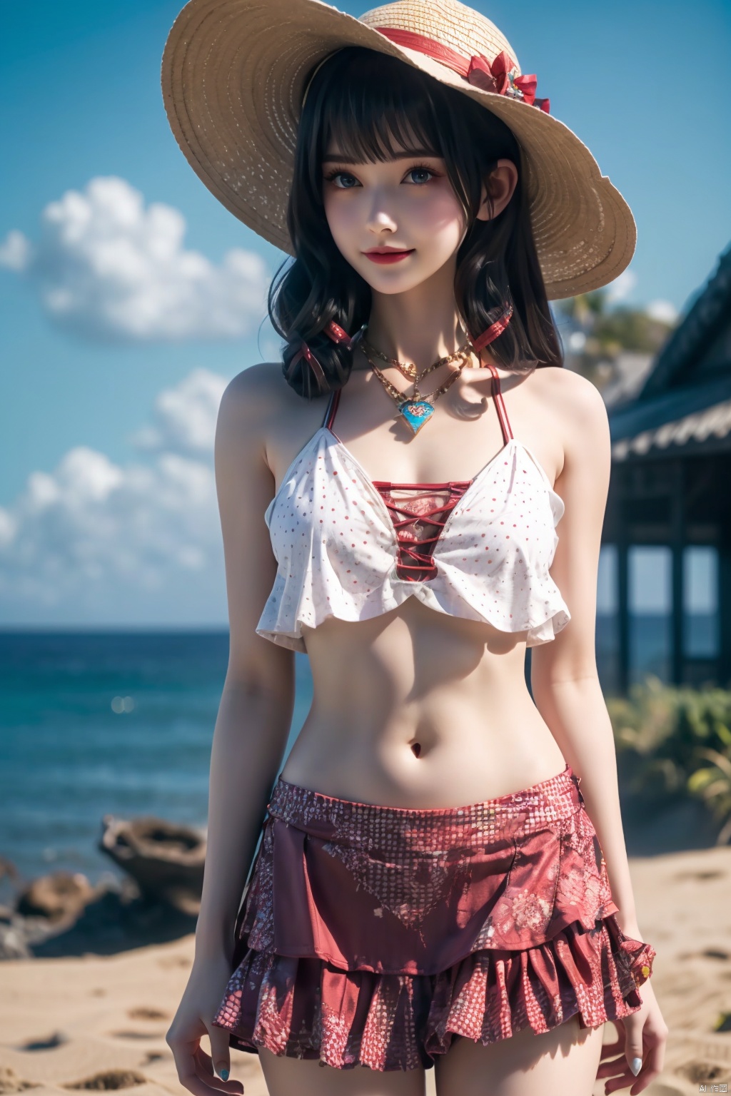  1girl, outdoors, solo, swimsuit, hat, bikini, navel, beach, food, frills, ice cream, holding, long hair, blue eyes, frilled bikini, looking at viewer, day, necklace, white bikini, stomach, :3, ocean, bare shoulders, sunlight, standing, jewelry, cowboy shot, sun hat, sky, bangs, collarbone, smile, polka dot, closed mouth, heart, bare arms, water, bikini skirt, cloud, blush, straw hat, see-through, blue sky, ice cream cone, thighs, holding food, sand
