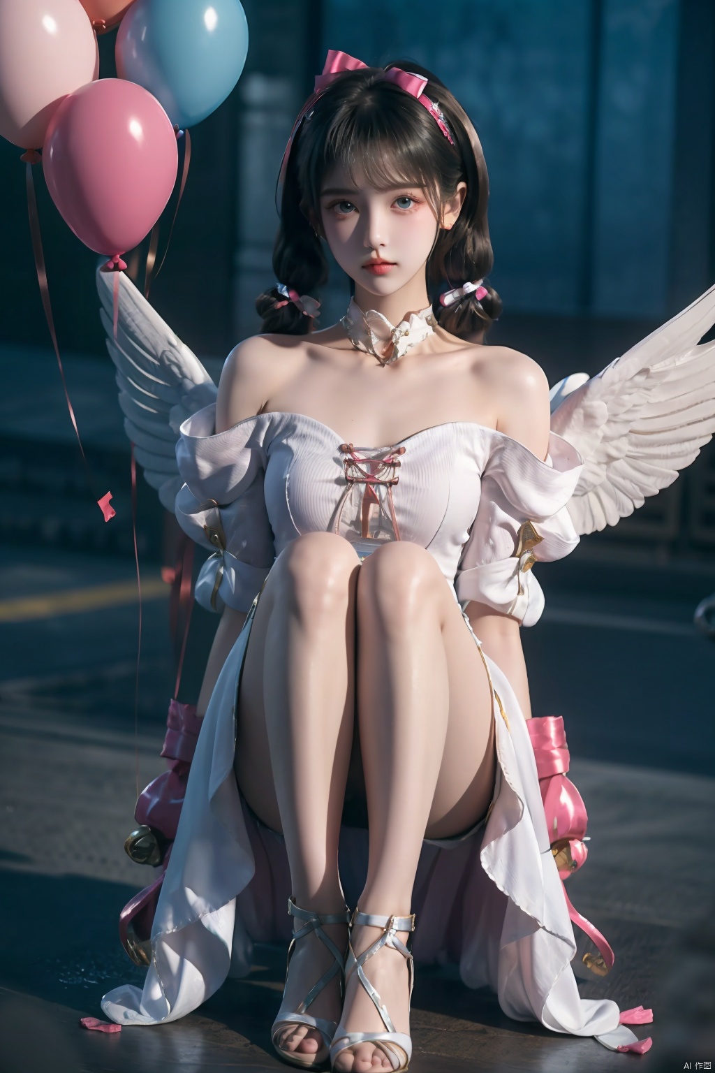  1girl, solo, dress, balloon, white dress, pink hair, long hair, twintails, blue eyes, bow, off-shoulder dress, gloves, bangs, wings, white gloves, very long hair, bare shoulders, hair bow, short sleeves, holding, parted lips, white wings, hair ornament, barefoot, looking at viewer, off shoulder, puffy short sleeves, bandaid, bandaid on leg, puffy sleeves, blush, white bow, wing hair ornament, holding balloon, collarbone, full body