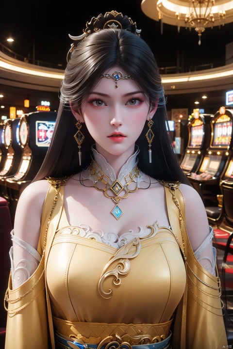  1 Girls in casinos, long hair, Yellow leather, beautiful cleavage, poker, many poker, poker, wide-angle camera, gambling table, lobby, high-quality masterpiece,