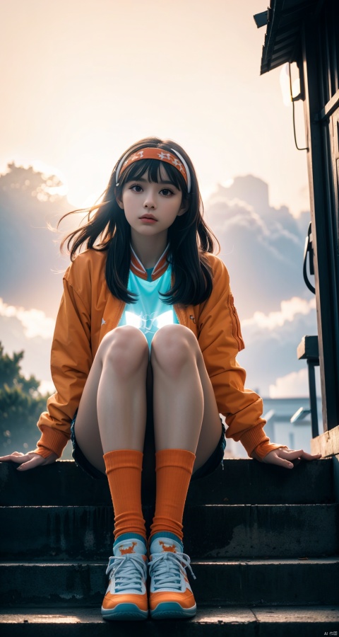  1girl,orange shoes,(solo:1.2),sitting,sky,outdoors,bird,upward view,blue sky,white socks,daytime,orange jacket,building,long sleeves,long hair,stairs,red headband,headband,bangs,cloudy sky,from_below,wide_shot,in (summer:1.2),(against backlight at dusk:1.4)