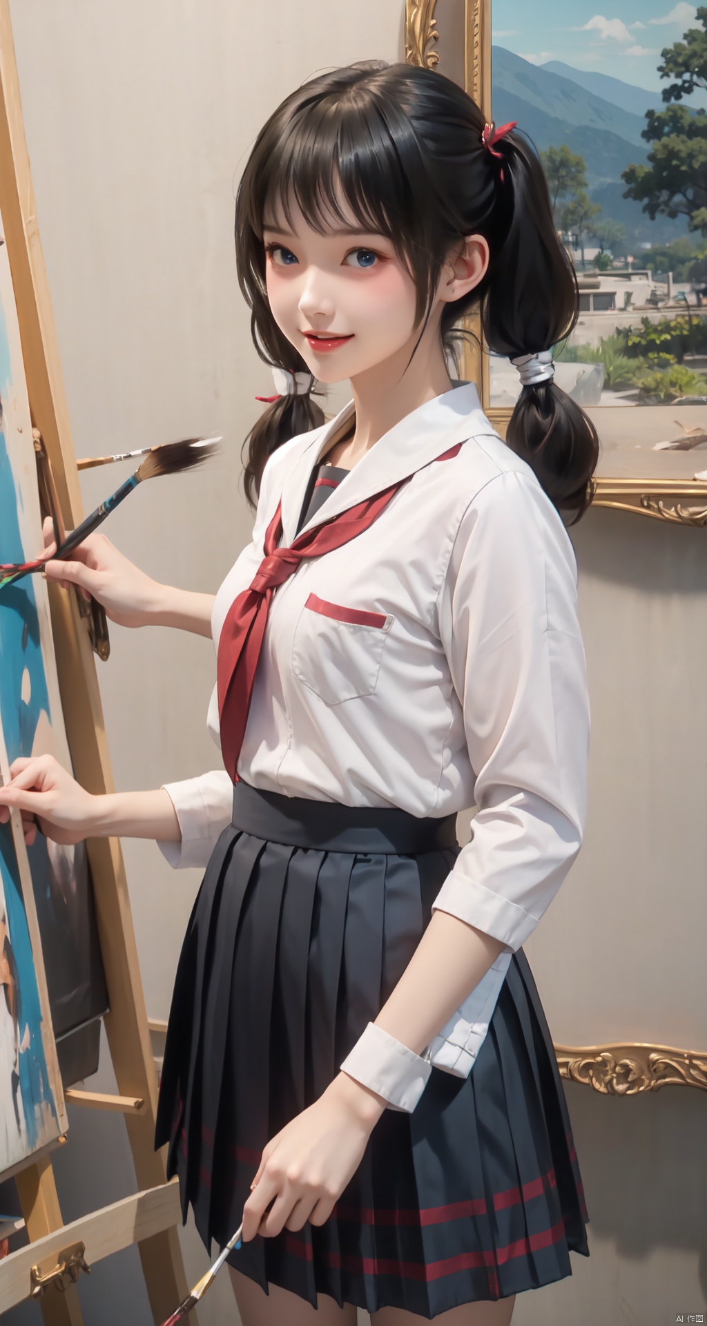  1girl, solo, looking at viewer, blush, smile, open mouth, blue eyes, skirt, brown hair, holding, twintails, school uniform, pleated skirt, serafuku, indoors, tree, low twintails, paintbrush, painting \(object\), painting \(action\), canvas \(object\), easel