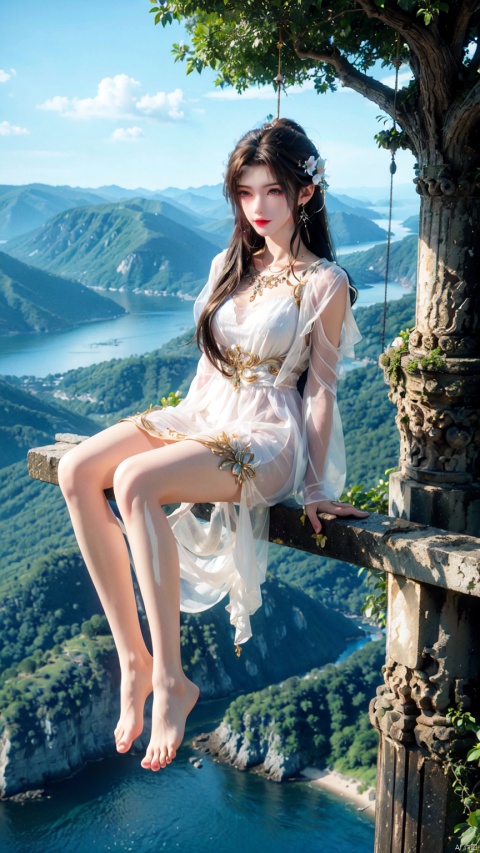  1girl, solo, long hair, looking at viewer, brown hair, hair ornament, long sleeves, dress, jewelry, full body, ponytail, earrings, barefoot, indoors, white dress, bare legs, window, green dress, branch,(((suspended in the air, people floating in the air, feet natural vertical, barefoot))), (((the Ocean of the Flowers in the Background))),Vision,