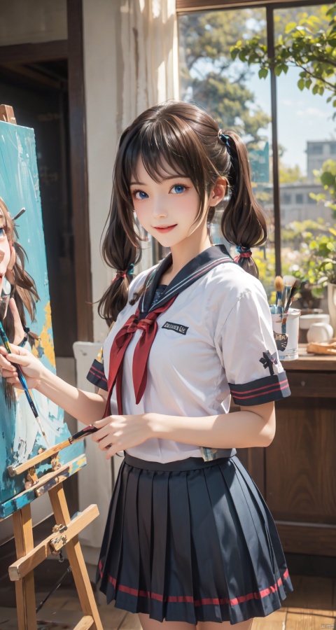  1girl, solo, looking at viewer, blush, smile, open mouth, blue eyes, skirt, brown hair, holding, twintails, school uniform, pleated skirt, serafuku, indoors, tree, low twintails, paintbrush, painting \(object\), painting \(action\), canvas \(object\), easel