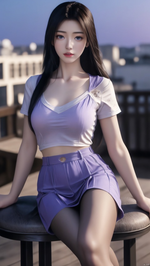  girl, single, long hair, looking at audience, skirt, brown hair, shirt, black hair, brown eyes, sitting, mouth closed, standing, collarbone, full body, white shirt, short sleeve, pantyhose, outdoors, sky, day, miniskirt, black skirt, nail polish, black shoes, blur, high heels, lips, tilted head, blurred background, arm support, pencil skirt, realistic, railing, red lips, peeping abdomen, DSLR, (good construction), ((Midnight, Acura, 8K, Masterpiece: 1.3)), outdoors, full body, long legs, Focalors: 1. 2, perfect body beauty: 1. 4, slender abdomen: 1. 1,,, (Light purple tight T-shirt, short skirt, sitting on stool: 1.2) the (City, Roof 1. 3)), highly fine facial and skin texture, fine eyes, black pantyhose, polka shirt, printed pants, diamond pants, girls, high heels, thighs, details