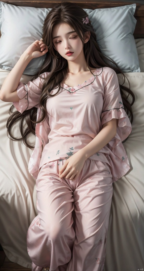  Sleeping girl,22 years old,realistic,she is wearing long pants,she is wearing pink pajama,brown hair