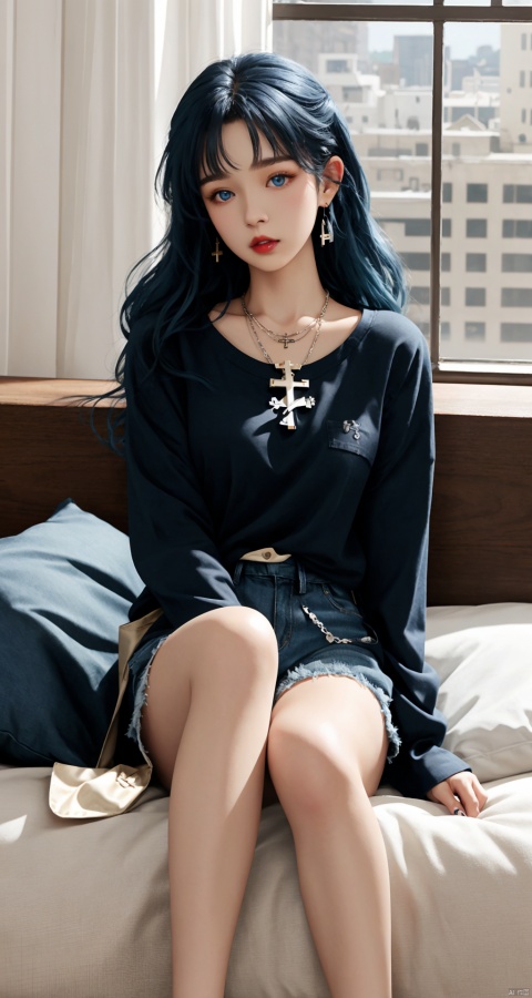 girl, solo, long hair, chest, audience gaze, bangs, blue eyes, skirt, shirt, long sleeves, holding, jewelry, sitting, blue hair, thighs, earrings, lips, shorts, indoors, medium hair, necklace, nail polish, pillow, black shirt, window, makeup, foot out of the frame, lying on bed, cross legs, cross, denim, sofa, denim shorts, cross necklace, cosmetics, lipstick tube