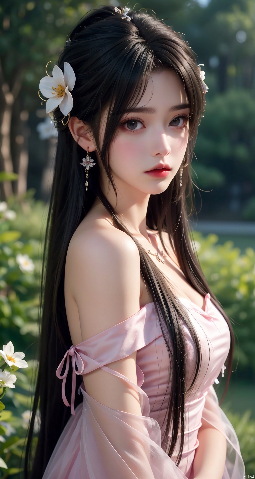 1girl, solo, long hair, looking at viewer, black hair, hair ornament, dress, bare shoulders, closed mouth, upper body, flower, short sleeves, hair flower, off shoulder, black eyes, pink dress