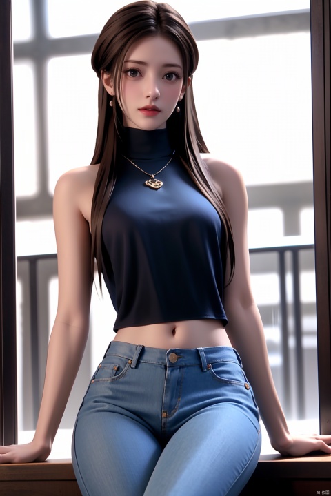 1girl,solo,perfect face,look at viewer,sitting,
bangs,brown hair,grey eyes,
lips,jewelry,necklace,bare shoulders,sleeveless,turtleneck,shirt,large breasts,bralines,covered navel,denim,jeans,blue pants,tight,pantylines,thigh gap,
masterpiece,best quality,highly detailed,Above calf
