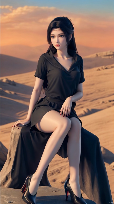  girl, single, long hair, looking at audience, skirt, brown hair, shirt, black hair, Blue eyes, sitting, mouth closed, collarbone, full body, Black shirt, short sleeve, pantyhose, outdoors, sky, day, miniskirt, Black skirt, nail polish, red shoes, blur,red high heels, lips, blurred background, arm support, railing, red lips, peeping abdomen, DSLR, (good construction), ((Midnight,8K, Masterpiece: 1.3)), outdoors, full body, long legs, Focalors: 1. 2, perfect body beauty: 1. 4, slender abdomen: 1. 1,(Sit on a rock: 1.2) the highly fine facial and skin texture, fine eyes,girls, red high heels, toe nails,toeless shoes, thighs, details,Bare thighs, sexy thighs, proportional thighs,Sexy sitting posture, enchanting sitting posture,Leg focus, highlight long legs,Highlight the leg,