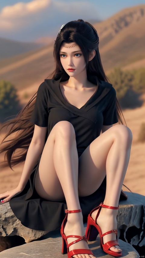 girl, single, long hair, looking at audience, skirt, brown hair, shirt, black hair, Blue eyes, sitting, mouth closed, collarbone, full body, Black shirt, short sleeve, pantyhose, outdoors, sky, day, miniskirt, Black skirt, nail polish, red shoes, blur,lips, blurred background, arm support, railing, red lips, peeping abdomen, DSLR, (good construction), ((Midnight,8K, Masterpiece: 1.3)), outdoors, full body, long legs, Focalors: 1. 2, perfect body beauty: 1. 4, slender abdomen: 1. 1,(Sit on a rock: 1.2) the highly fine facial and skin texture, fine eyes,girls, (((red high heel sandals))),(((toe nails))),(((toeless shoes))), thighs, details,Bare thighs, sexy thighs, proportional thighs,Sexy sitting posture, enchanting sitting posture,Leg focus, highlight long legs,Highlight the leg,(((leg spread))),(((Legs open))),(((red high heel sandals))),(((red high heel sandals))),