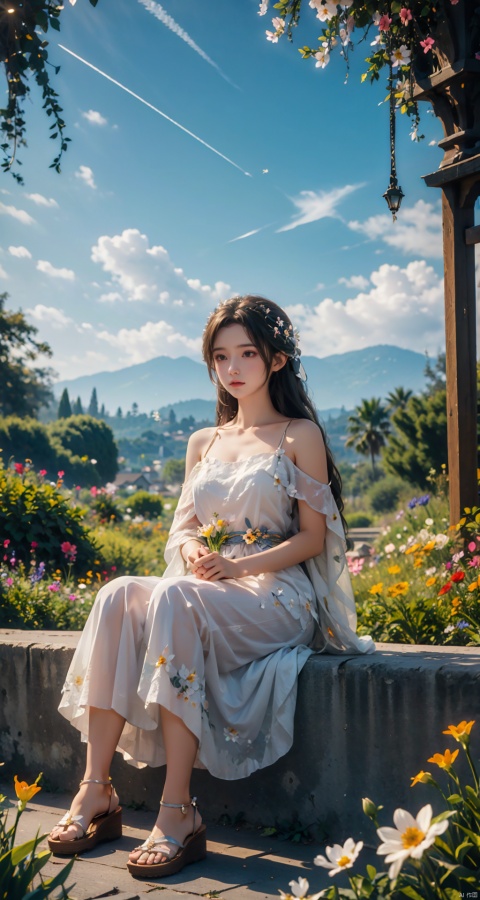  best quality, masterpiece, illustration, (reflection light), incredibly absurdres, ((Movie Poster), (signature:1.3), (English text), 1girl, girl middle of flower, pure sky,clear sky, outside, collarbone, sitting, absurdly long hair, clear boundaries of the cloth, white dress, fantastic scenery, ground of flowers, thousand of flowers, colorful flowers, flowers around her, various flowers,bare shoulders,skirt, sandals,