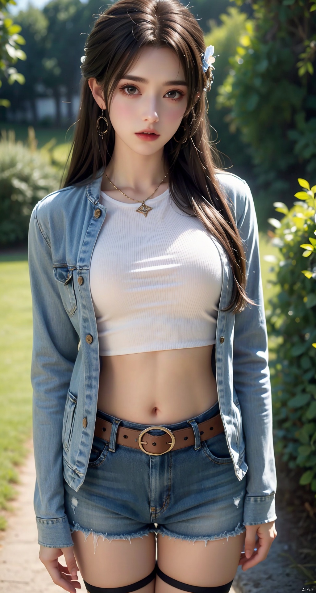 1girl, solo, long hair, looking at viewer, brown hair, shirt, thighhighs, long sleeves, navel, jewelry, standing, cowboy shot, earrings, outdoors, parted lips, shorts, day, midriff, belt, lips, crop top, sleeves past wrists, short shorts, denim, denim shorts, hand in pocket, hoop earrings, realistic, blue thighhighs