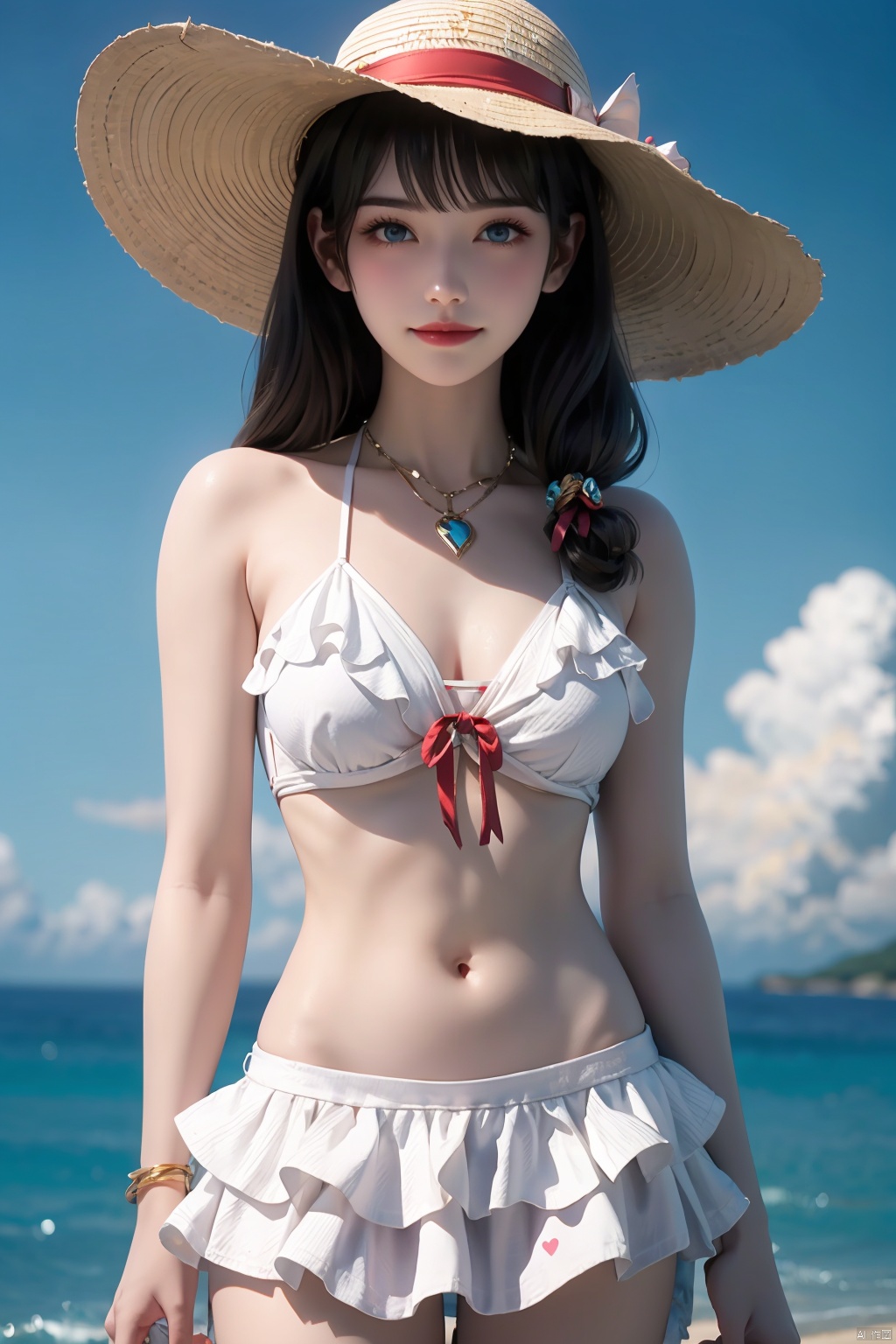  1girl, outdoors, solo, swimsuit, hat, bikini, navel, beach, food, frills, ice cream, holding, long hair, blue eyes, frilled bikini, looking at viewer, day, necklace, white bikini, stomach, :3, ocean, bare shoulders, sunlight, standing, jewelry, cowboy shot, sun hat, sky, bangs, collarbone, smile, polka dot, closed mouth, heart, bare arms, water, bikini skirt, cloud, blush, straw hat, see-through, blue sky, ice cream cone, thighs, holding food, sand