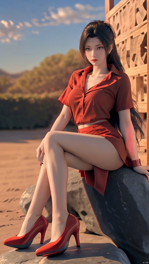  girl, single, long hair, looking at audience, skirt, brown hair, shirt, black hair, Blue eyes, sitting, mouth closed, collarbone, full body, Black shirt, short sleeve, pantyhose, outdoors, sky, day, miniskirt, Black skirt, nail polish, red shoes, blur,red high heels, lips, blurred background, arm support, railing, red lips, peeping abdomen, DSLR, (good construction), ((Midnight,8K, Masterpiece: 1.3)), outdoors, full body, long legs, Focalors: 1. 2, perfect body beauty: 1. 4, slender abdomen: 1. 1,(Sit on a rock: 1.2) the highly fine facial and skin texture, fine eyes,girls, (((red high heels))),(((toe nails))),(((toeless shoes))), thighs, details,Bare thighs, sexy thighs, proportional thighs,Sexy sitting posture, enchanting sitting posture,Leg focus, highlight long legs,Highlight the leg,(((leg spread))),(((leg spread))),(((red high heels)))