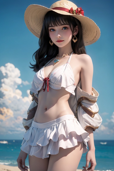  1girl, outdoors, solo, swimsuit, hat, bikini, navel, beach, food, frills, ice cream, holding, long hair, blue eyes, frilled bikini, looking at viewer, day, necklace, white bikini, stomach, :3, ocean, bare shoulders, sunlight, standing, jewelry, cowboy shot, sun hat, sky, bangs, collarbone, smile, polka dot, closed mouth, heart, bare arms, water, bikini skirt, cloud, blush, straw hat, see-through, blue sky, ice cream cone, thighs, holding food, sand