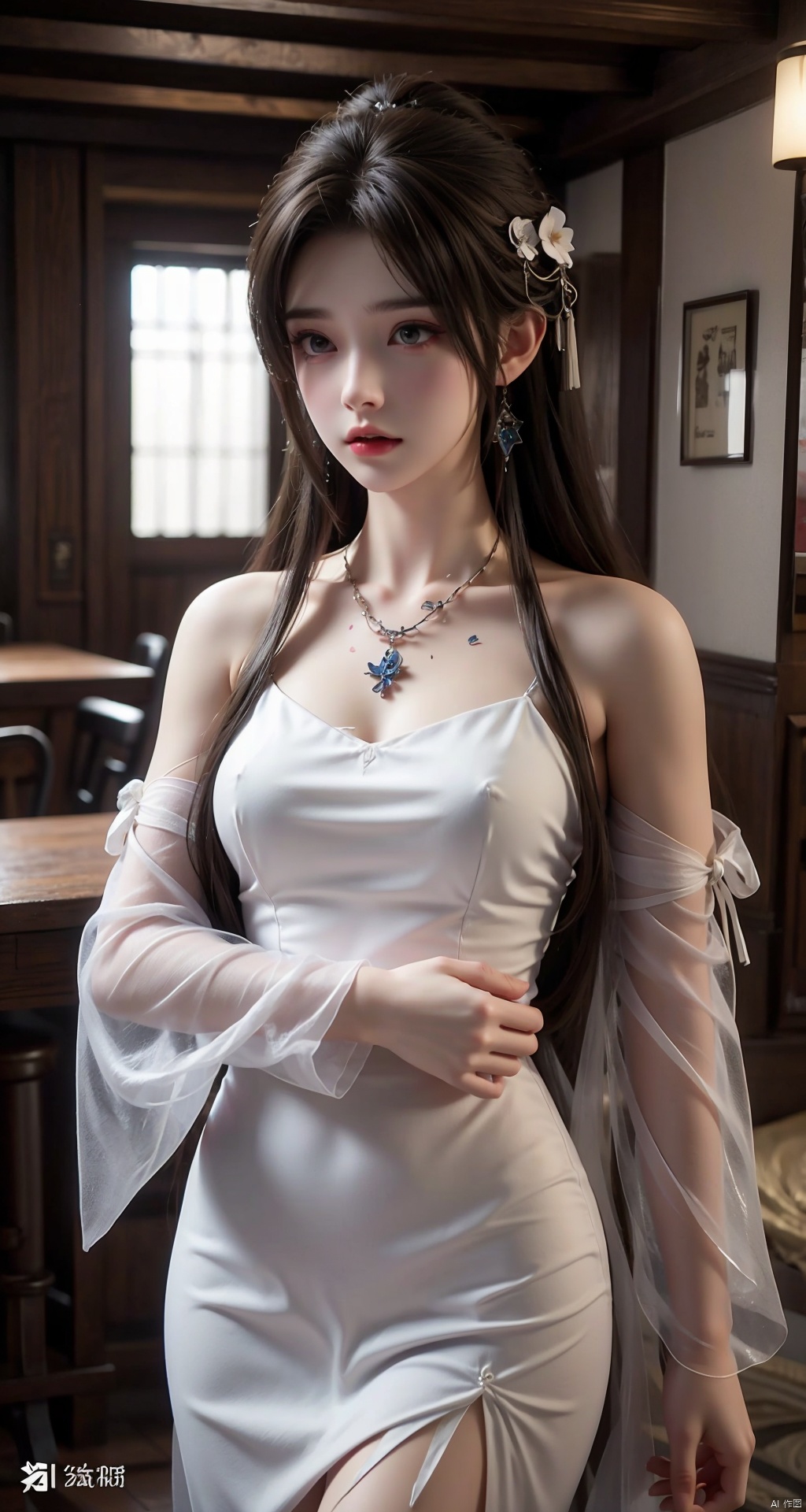  DaoTeGC,white dress,Epic CG masterpiece,hdr,dtm,8K,ultra detailed graphic tension,dynamic poses,stunning colors,3D rendering,surrealism,cinematic lighting effects,realism,00 renderer,super realistic,super vista,HD,DaoTeGC,jewelry,flower,detached sleeves,floating hair,white dress, Hanama wine, midjourney, BJ_Violent_graffiti, yunqing, 30710