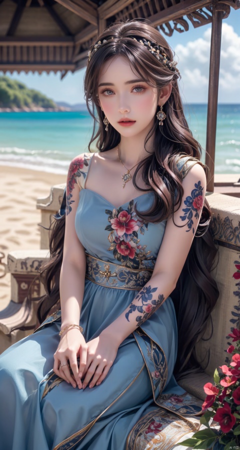  A woman sitting on the beach, with flowers on her hair and a blue dress with red flowers on her shoulders, tattooed, aestheticism